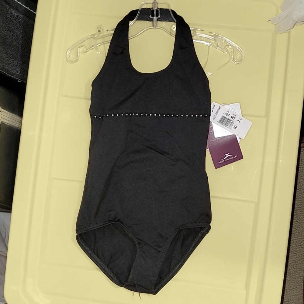 NWT Motionwear black leotard with sewn in rhinestones, size Intermediate child